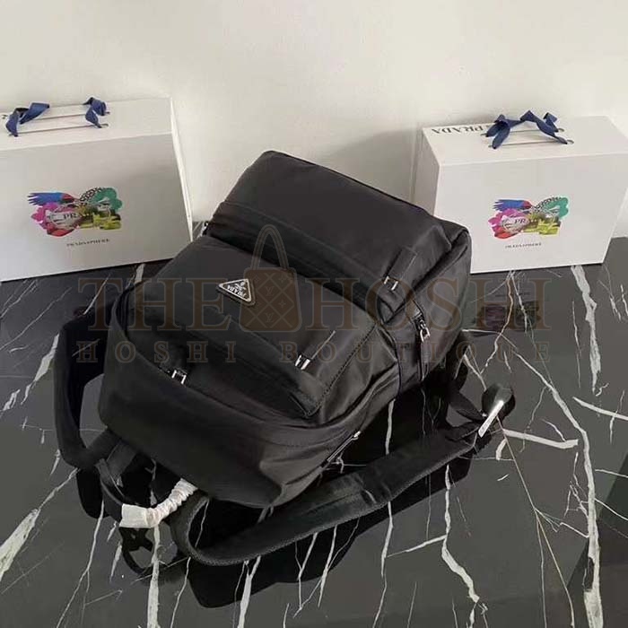 Pra*a Unisex Re-Nylon Saffiano Leather Backpack Black Fabric Zipper Master Quality