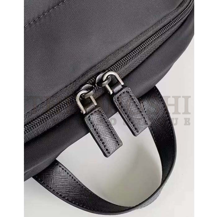 Pra*a Unisex Re-Nylon Saffiano Leather Backpack Black Fabric Zipper Closure Master Quality
