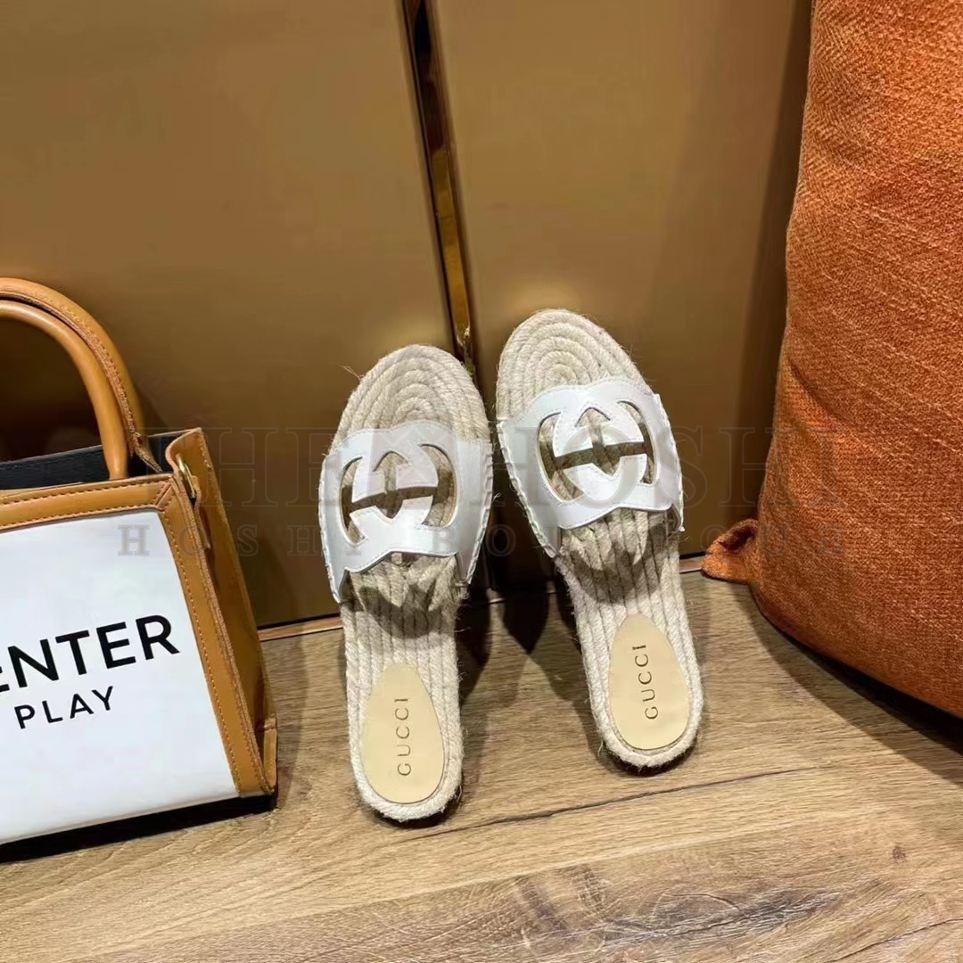 Gvc*1 Unisex Interlocking G Cut-Out Slide Sandals White Leather Flat 2 cm Heel Master Quality