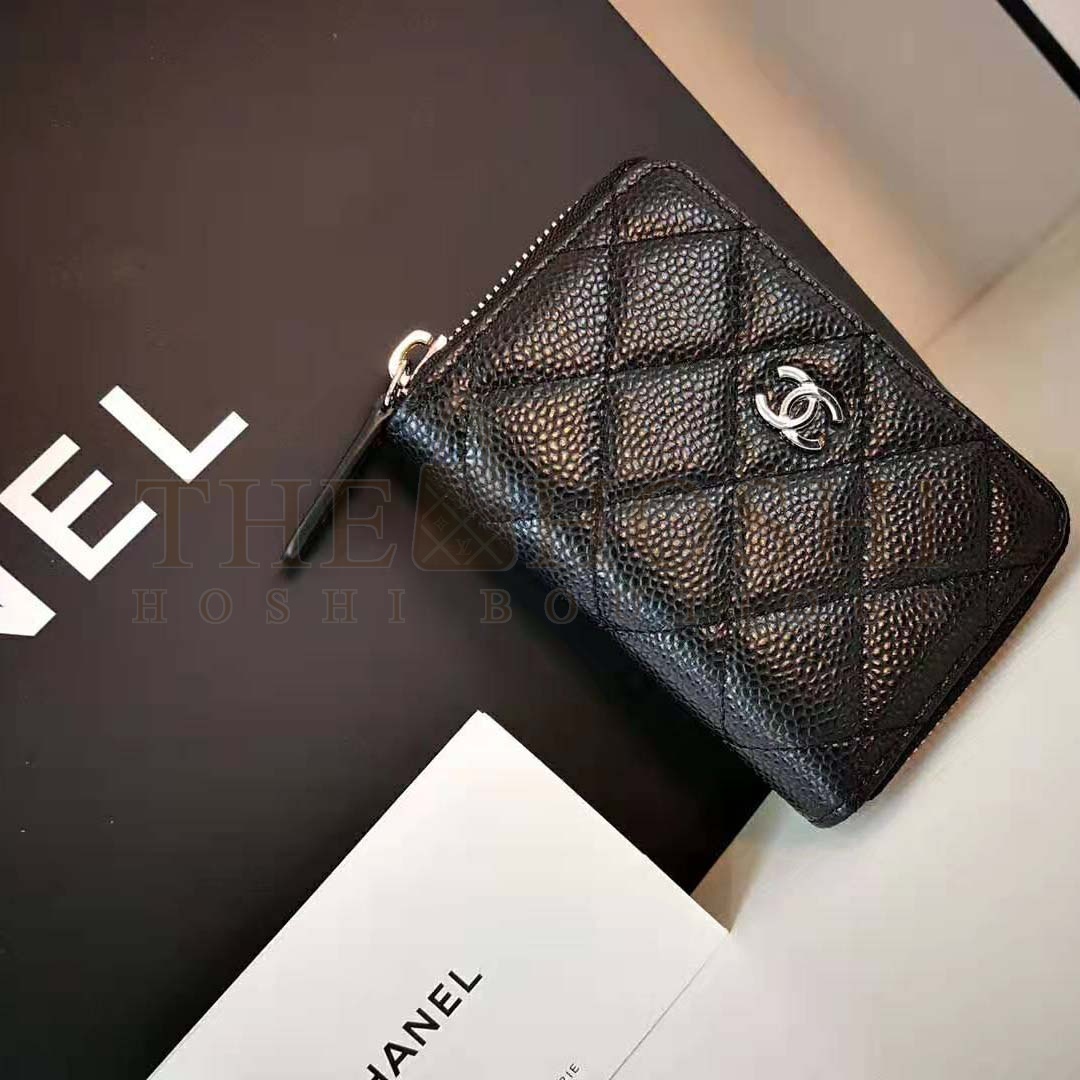 Ch**el Women Classic Zipped Coin Purse in Grained Calfskin & Silver-Tone Metal-Black Master Quality