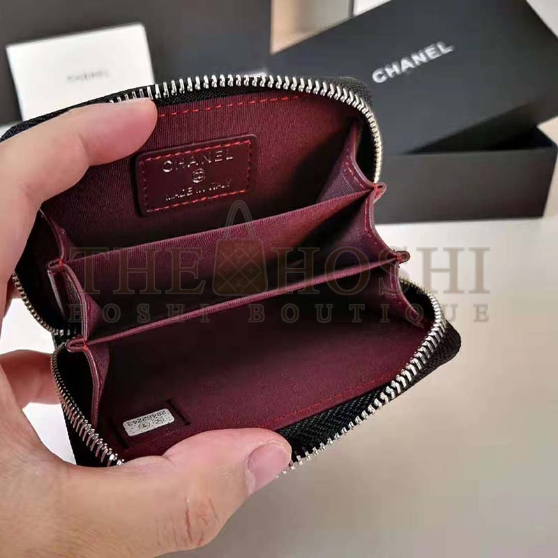 Ch**el Women Classic Zipped Coin Purse in Grained Calfskin & Silver-Tone Metal-Black Master Quality