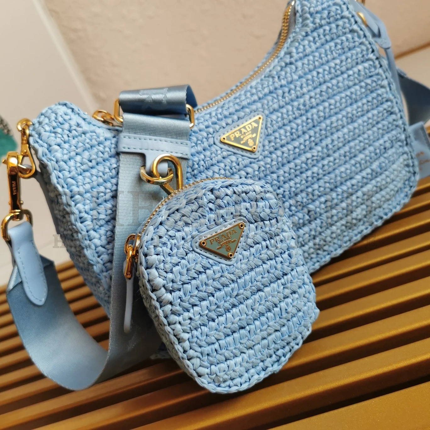 Pra*a Re-Edition 2005 Shoulder Bag In Blue Raffia Master Quality