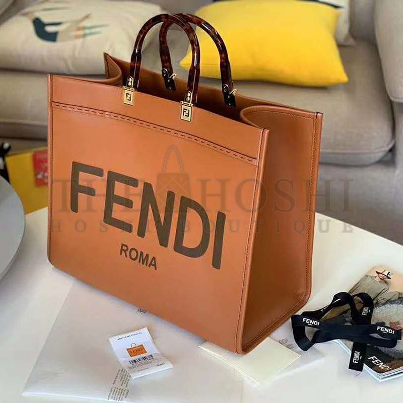 F**di Women Sunshine Shopper Bag Brown Leather Shopper “F**di ROMA” Master Quality