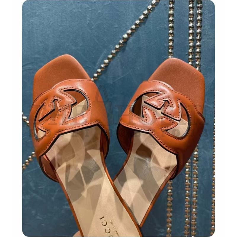 Gvc*1 Unisex Interlocking G Slide Sandals Orange Leather Cut-Out Flat Master Quality