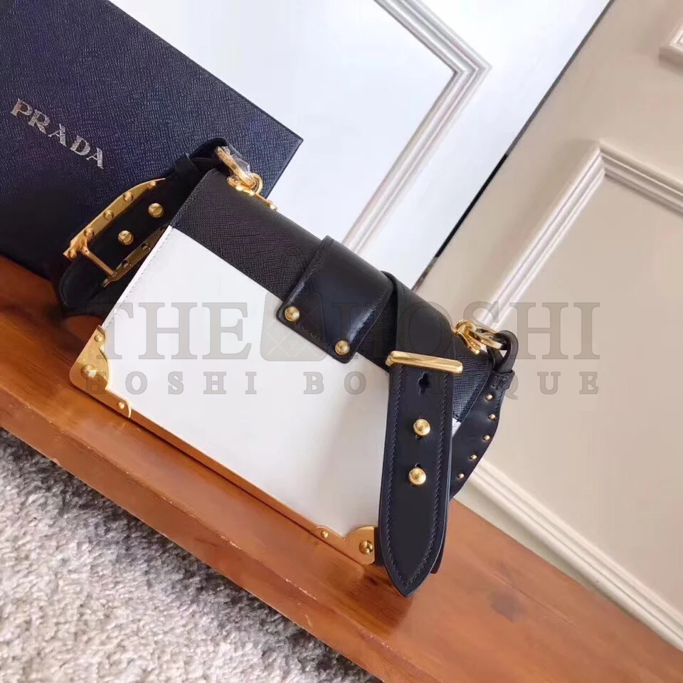 Pra*a Cahier Shoulder Bag In White/Black Leather Master Quality