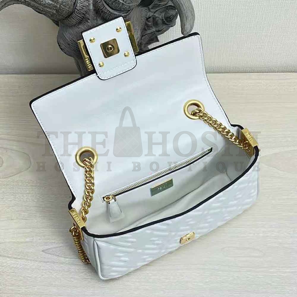 F**di Women Baguette Chain Midi Light Gray Leather Bag-White Master Quality