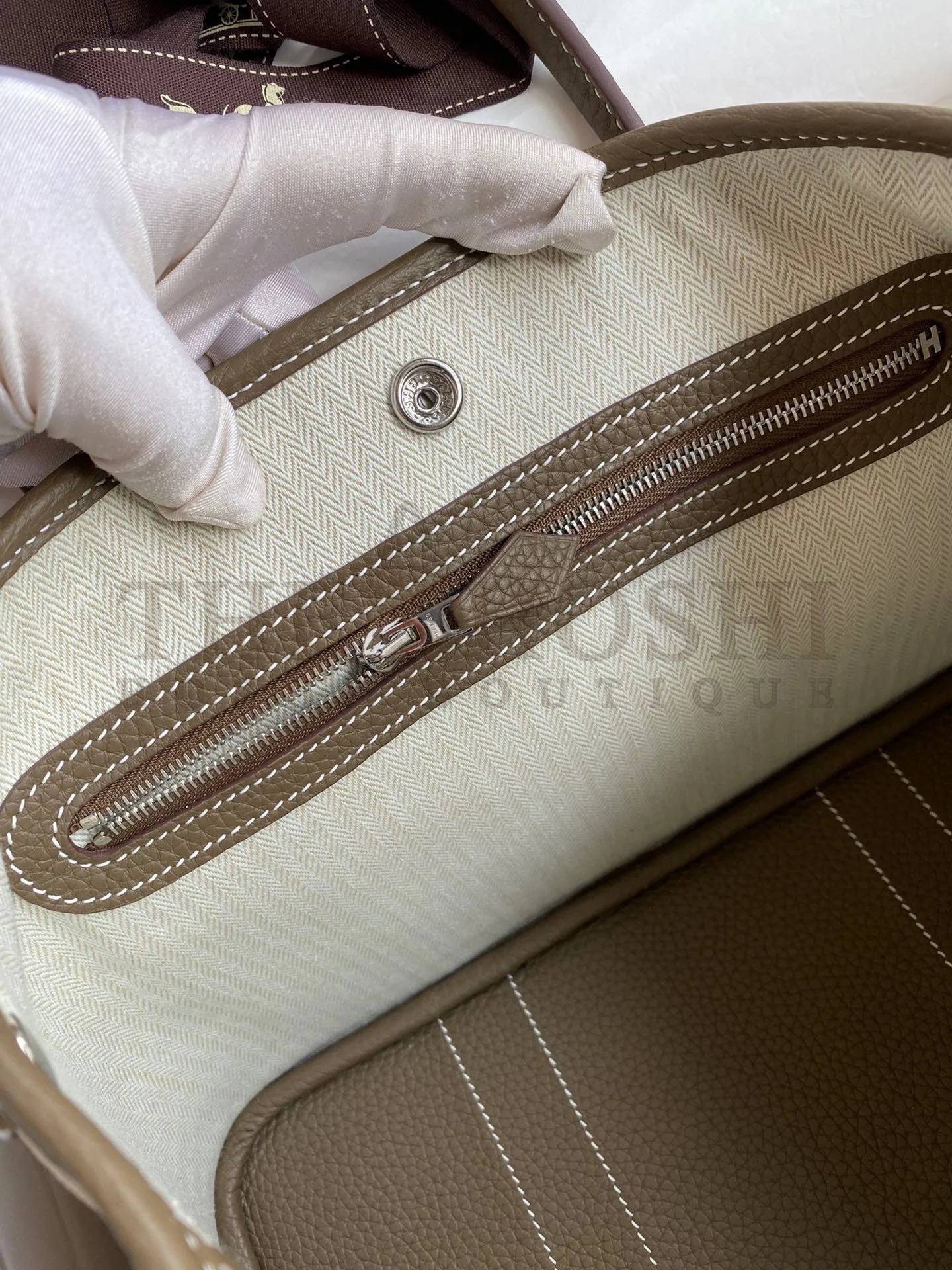 H**me5 Garden Party 30 Handmade Bag in Toile and Taupe Leather Master Quality