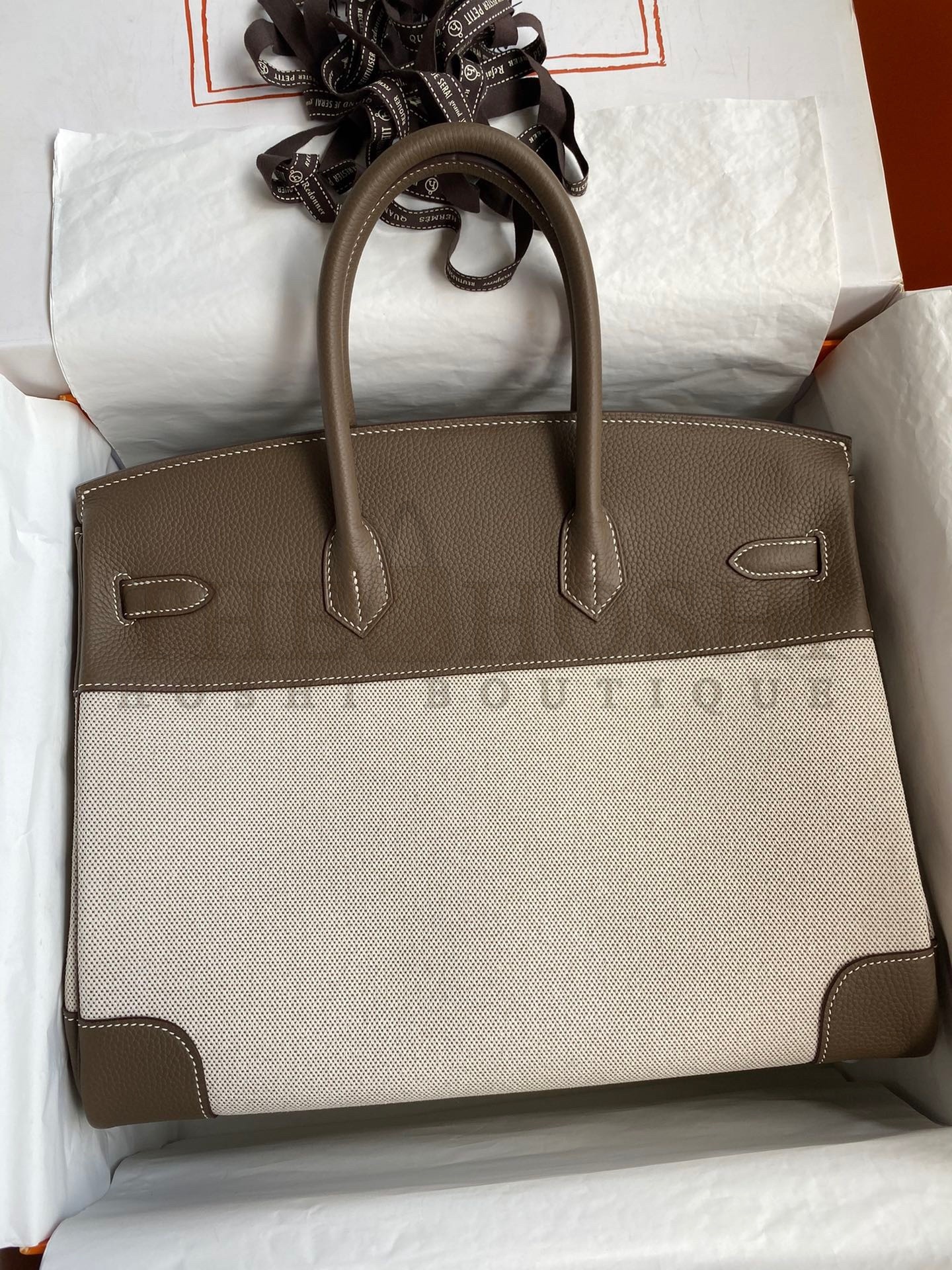 H**me5 Birkin 35 Handmade Bag In Toile &amp; Taupe Clemence Leather Master Quality