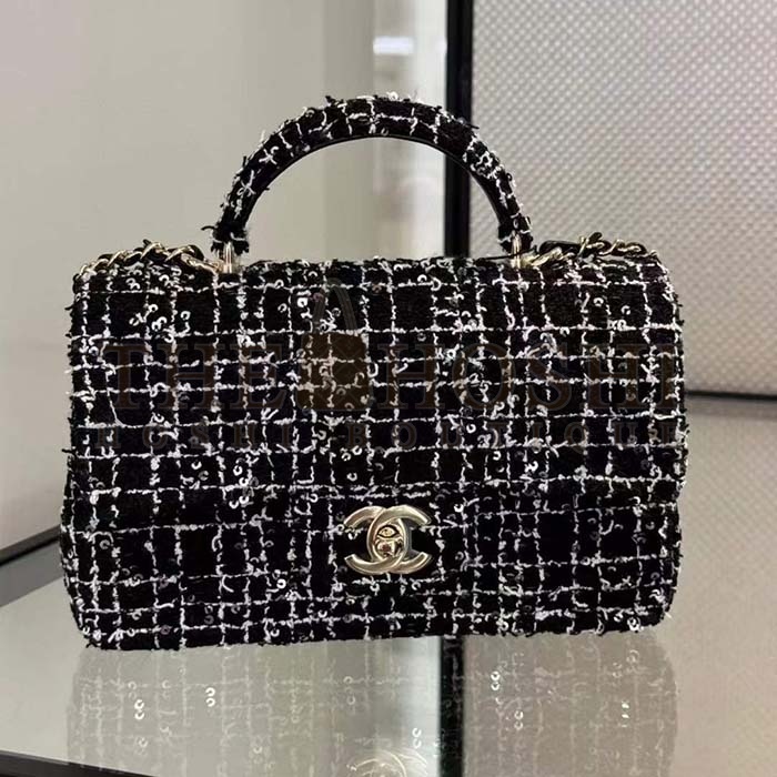 Ch**el Women CC Mini Flap Bag Top Handle Sequin Tweed Black Master Quality