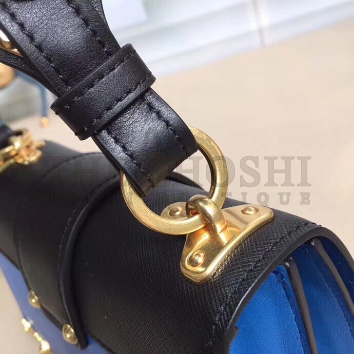 Pra*a Cahier Shoulder Bag In Blue Hydra /Black Leather Master Quality
