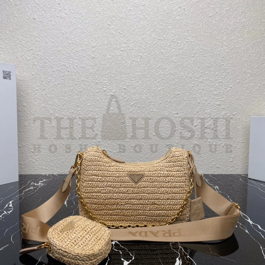 Pra*a Re-Edition 2005 Shoulder Bag In Beige Raffia Master Quality