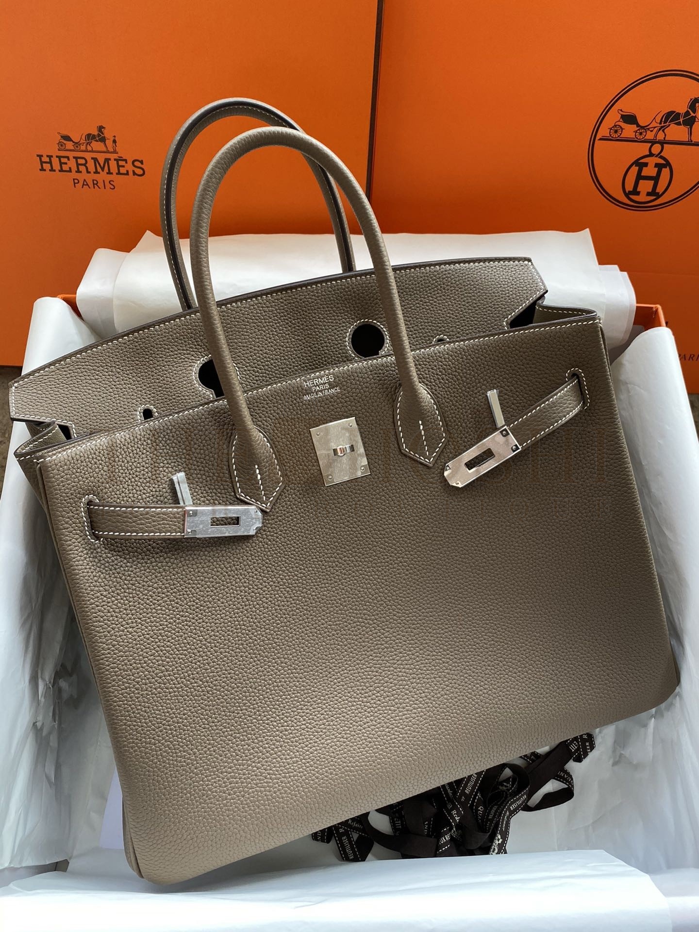 H**me5 Birkin 35 Retourne Handmade Bag In Taupe Clemence Leather Master Quality