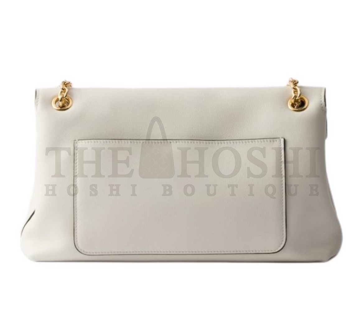 Pra*a Doux Medium Flap Shoulder Bag – White Calfskin Leather with Magnetic Closure and Gold Chain Strap Master Quality