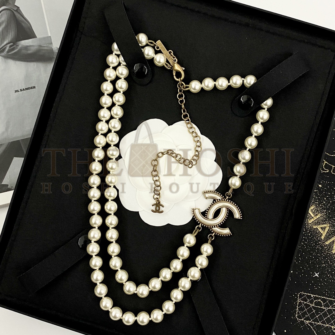 Ch**el CC Pearl Necklace Double Layer Vintage Gold Master Quality