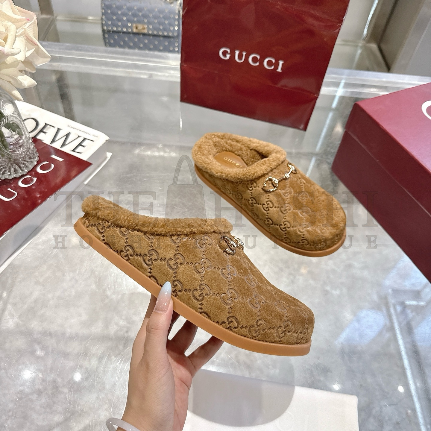 Gvc*1 Drak Brown Leather Horsebit-Detailed Shearling-Lined Mules Sandals Master Quality