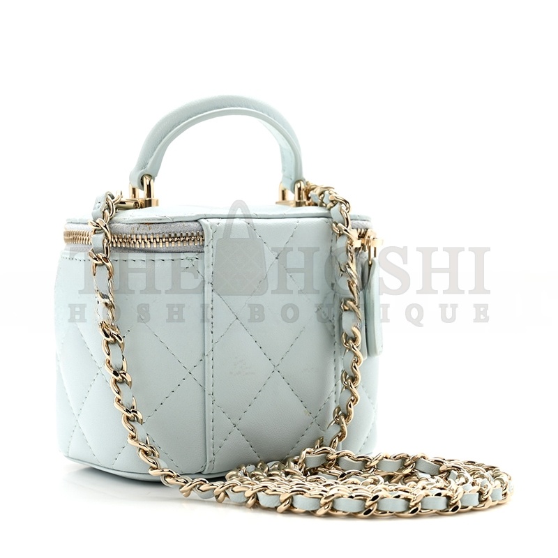 Ch**el LAMBSKIN QUILTED TOP HANDLE MINI VANITY CASE WITH CHAIN LIGHT BLUE 1671368 (10*9*7cm) Master Quality