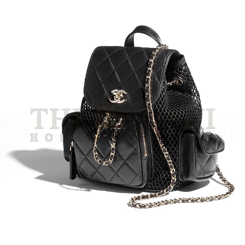 CHANE BACKPACK MESH, SHINY LAMBSKIN & GOLD-TONE METAL BLACK AS5484 (25*23*14cm) Master Quality
