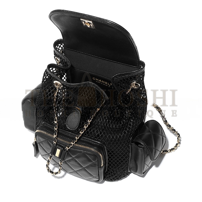 CHANE BACKPACK MESH, SHINY LAMBSKIN & GOLD-TONE METAL BLACK AS5484 (25*23*14cm) Master Quality