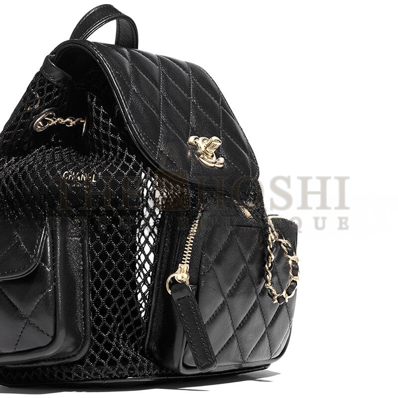 CHANE BACKPACK MESH, SHINY LAMBSKIN & GOLD-TONE METAL BLACK AS5484 (25*23*14cm) Master Quality