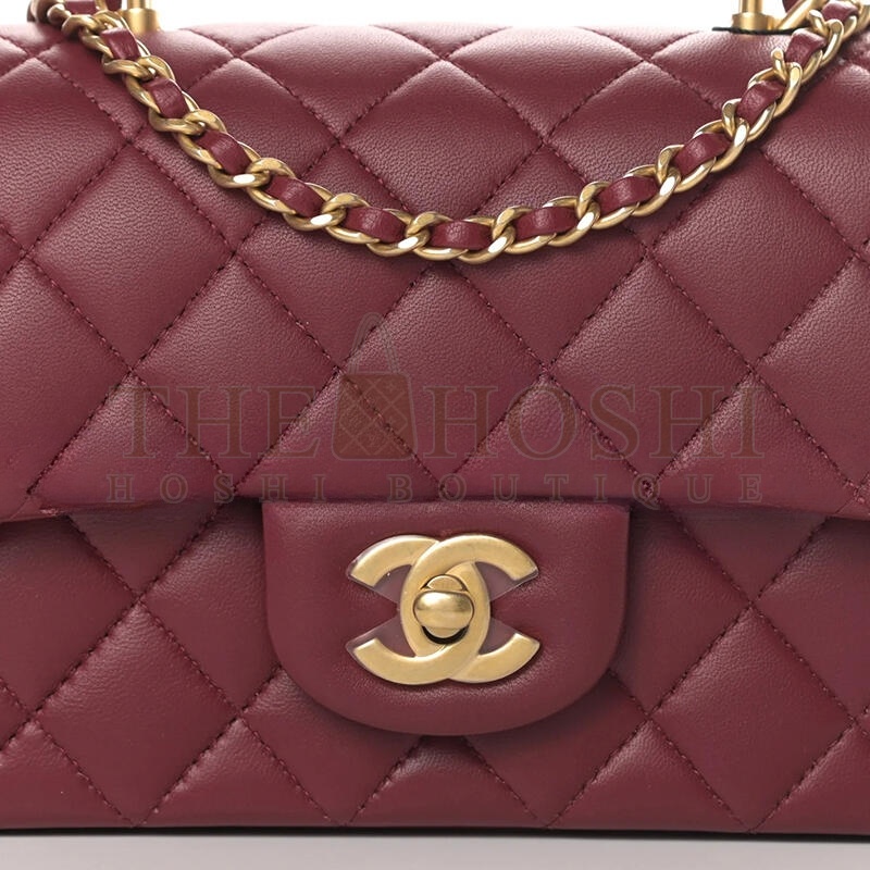 Ch**el LAMBSKIN QUILTED MINI TOP HANDLE RECTANGULAR FLAP BURGUNDY (20*12*6cm) Master Quality