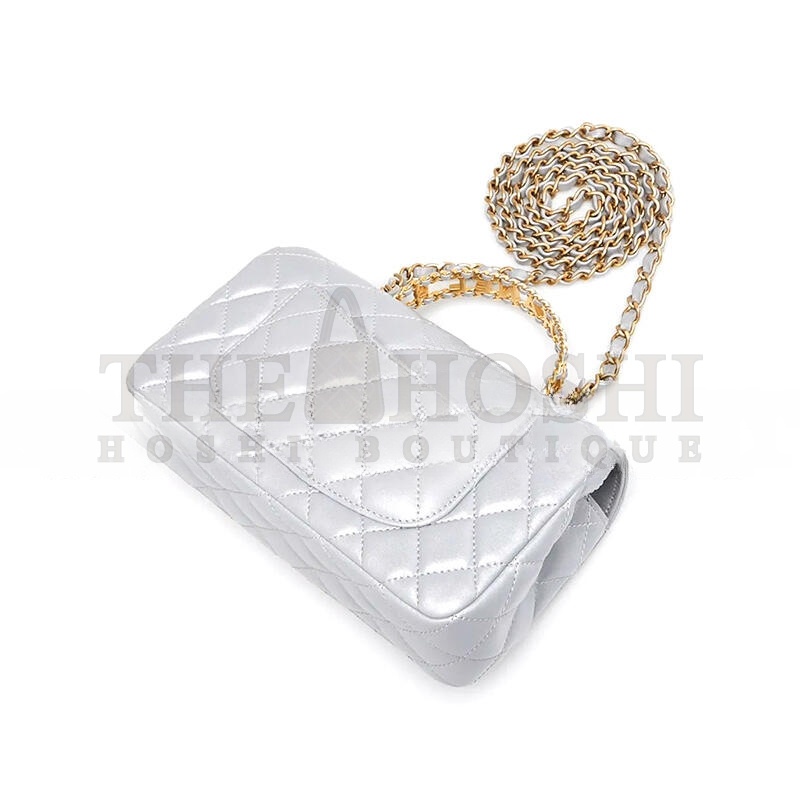 Ch**el SILVER QUILTED LAMBSKIN LEATHER STRASS ON TOP MINI FLAP BAG AS4362 (20*13*6cm) Master Quality