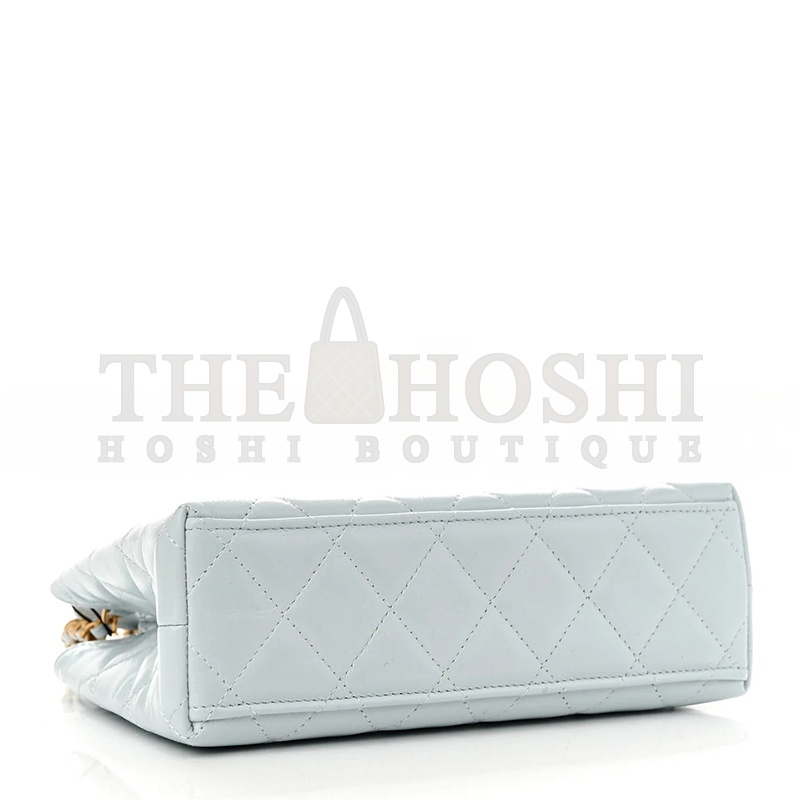 Ch**elSHINY AGED CALFSKIN QUILTED NANO KELLY SHOPPER LIGHT BLUE AS4461 01 (19*13*6cm) Master Quality