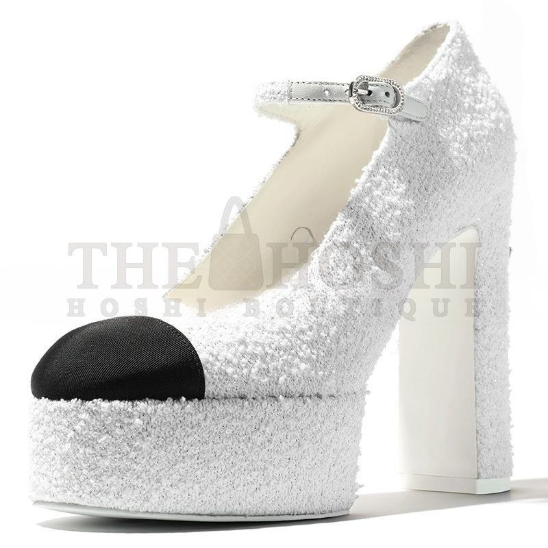 Ch**el MARY JANES COTTON TWEED &amp; GROSGRAIN G46434 Master Quality