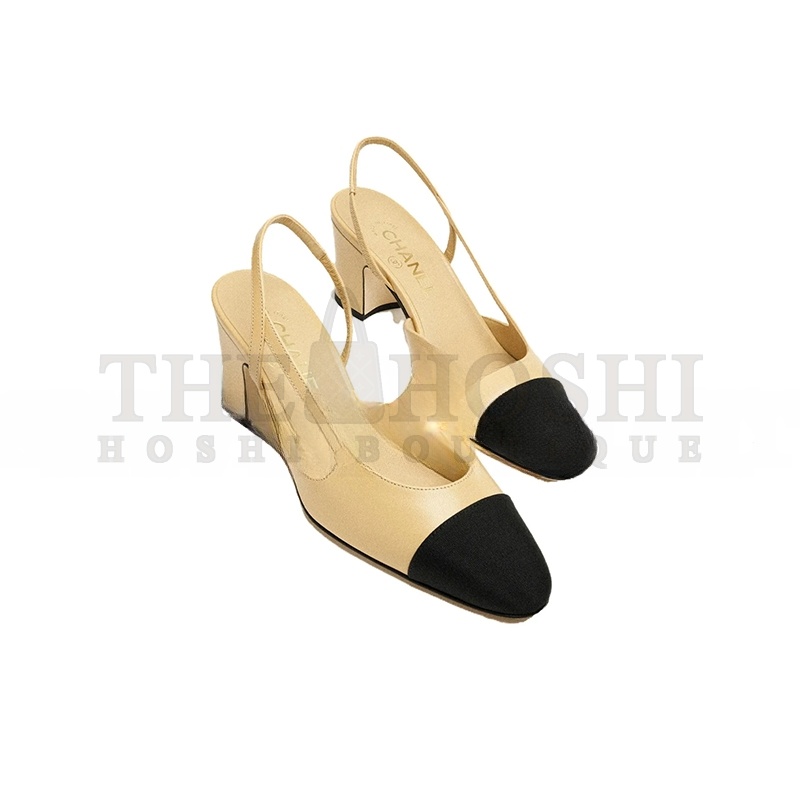 Ch**el SLINGBACKS GOATSKIN &amp; GROSGRAIN BEIGE &amp; BLACK G31318 Y50006 C8378 Master Quality