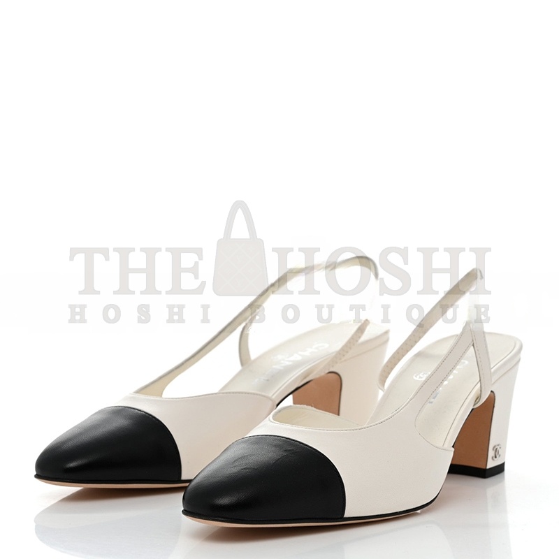 Ch**el LAMBSKIN CAP TOE CC SLINGBACK PUMPS WHITE BLACK Master Quality