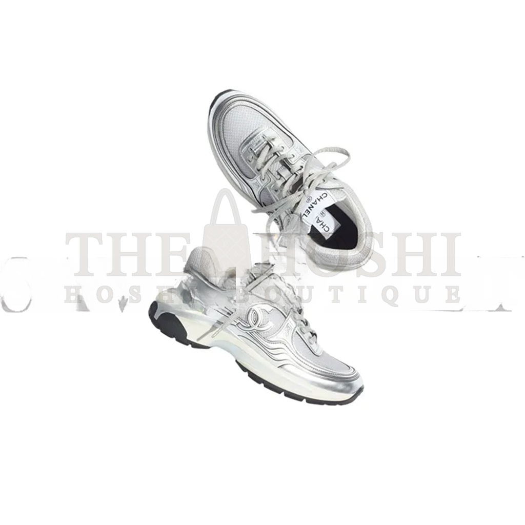 Ch**el FABRIC LAMINATED CALFSKIN STRETCH CC SNEAKERS WHITE SILVER G39792 Master Quality